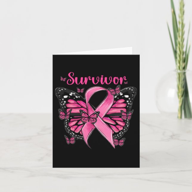 Breast Cancer Awareness Pink Butterflies Survivor  Card (Front)
