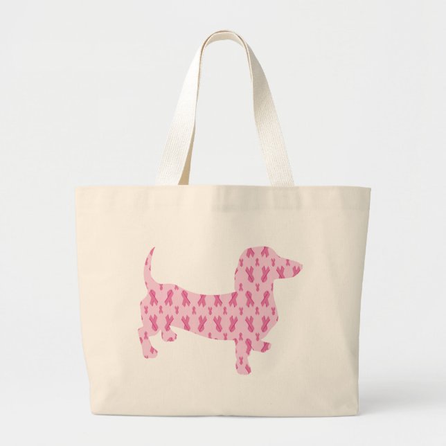 Breast Cancer Awareness Pink Dachshund Large Tote Bag (Front)