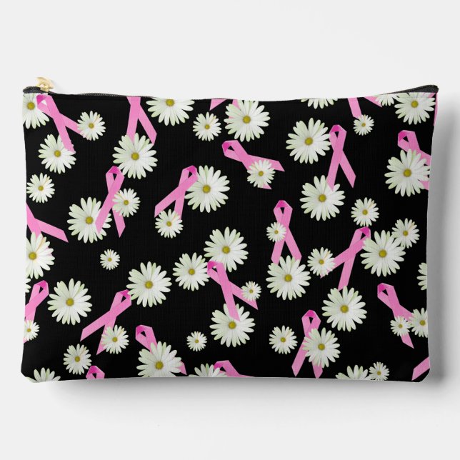 Breast Cancer Awareness Pink Ribbons and Daisies Accessory Pouch (Front)