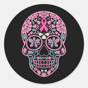 Breast Cancer Awareness Pink Sugar Skull Ribbon Classic Round Sticker