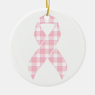 Breast Cancer Awareness Plaid Pink Ribbon Ceramic Ornament