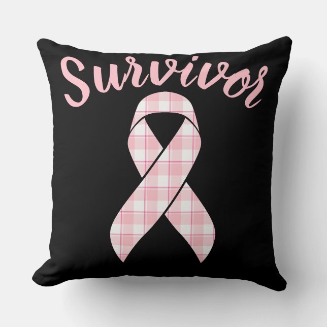 Breast Cancer Awareness Plaid Pink Ribbon Cushion (Front)