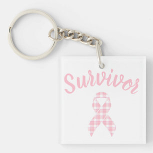 Breast Cancer Awareness Plaid Pink Ribbon Survivor Key Ring