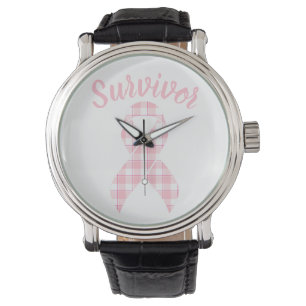 Breast Cancer Awareness Plaid Pink Ribbon Survivor Watch