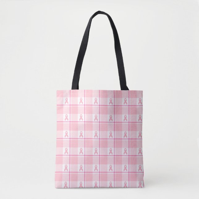 Breast Cancer Awareness Plaid Tote Bag, Pink Bag (Front)
