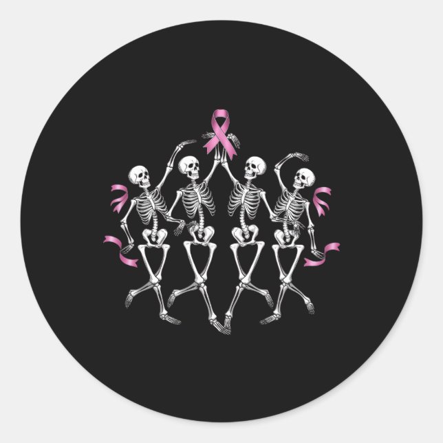 Breast Cancer Awareness Skeleton Dancing Pink Ribb Classic Round Sticker (Front)