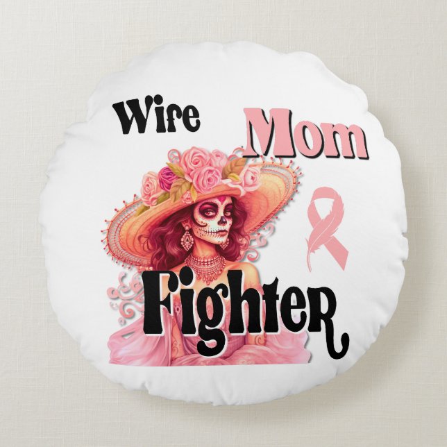 Breast Cancer Awareness Sugar Skull  Round Cushion (Front)