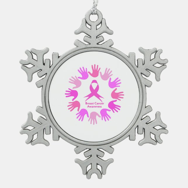 Breast cancer awareness support snowflake pewter christmas ornament (Front)