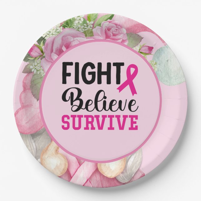 Breast Cancer Awareness with Pink Ribbon Paper Pla Plate (Front)