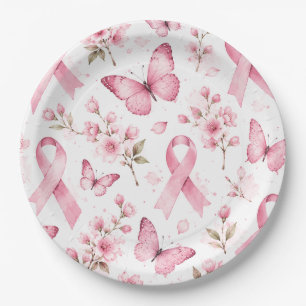 Breast Cancer Awareness with Pink Ribbon Paper Plate
