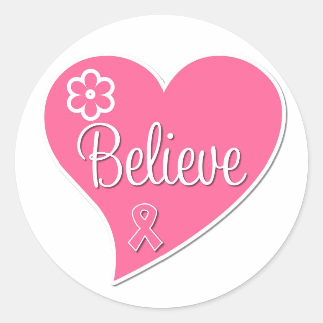 Breast Cancer Believe Pink Heart Classic Round Sticker (Front)