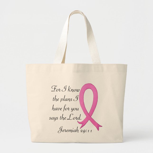 Breast Cancer bible verse pink ribbon tote bag (Front)