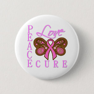 Breast Cancer Butterfly Peace Love Cure 6 Cm Round Badge