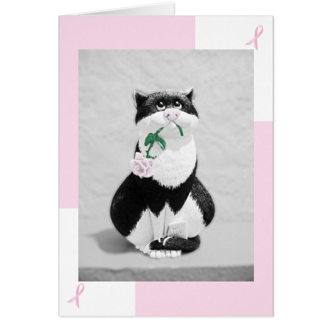 Breast Cancer Card--Cat with Pink Rose (Front)