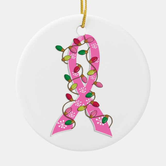 Breast Cancer Christmas Lights Ribbon Ceramic Tree Decoration (Front)