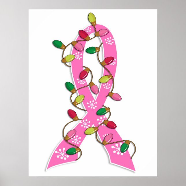 Breast Cancer Christmas Lights Ribbon Poster (Front)