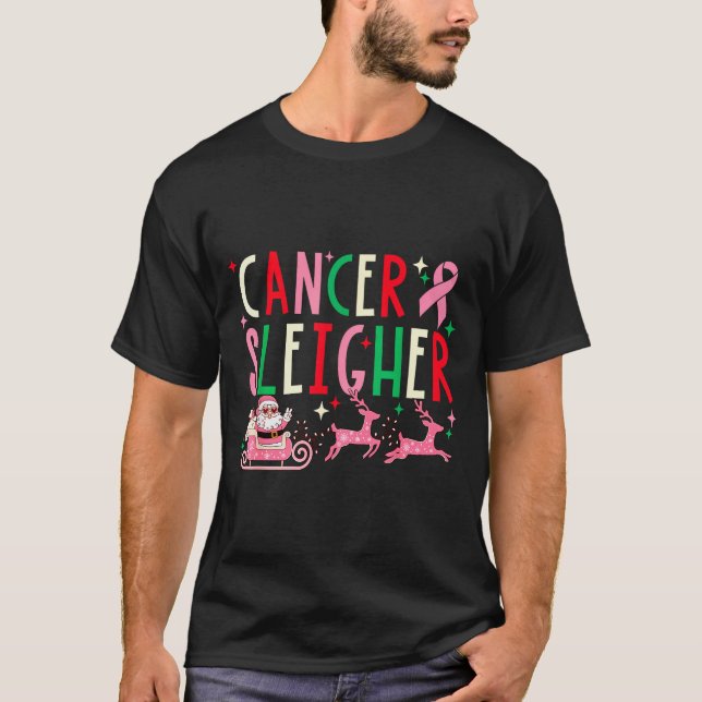 Breast Cancer Christmas Nk Ribbon Santa Sleigh Rei T-Shirt (Front)