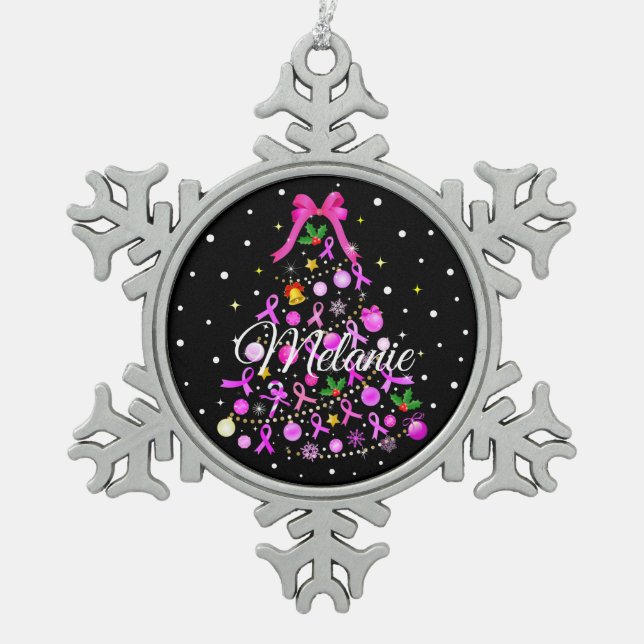 Breast Cancer Christmas Tree Snowflake Pewter Christmas Ornament (Front)