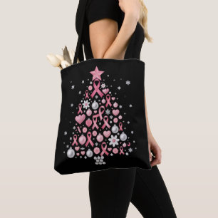Breast Cancer Christmas Tree Snowflakes Xmas Tote Bag