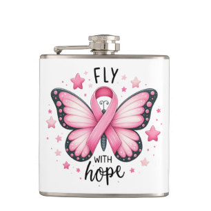 Breast Cancer Fighter Pink Ribbon Butterfly  Hip Flask