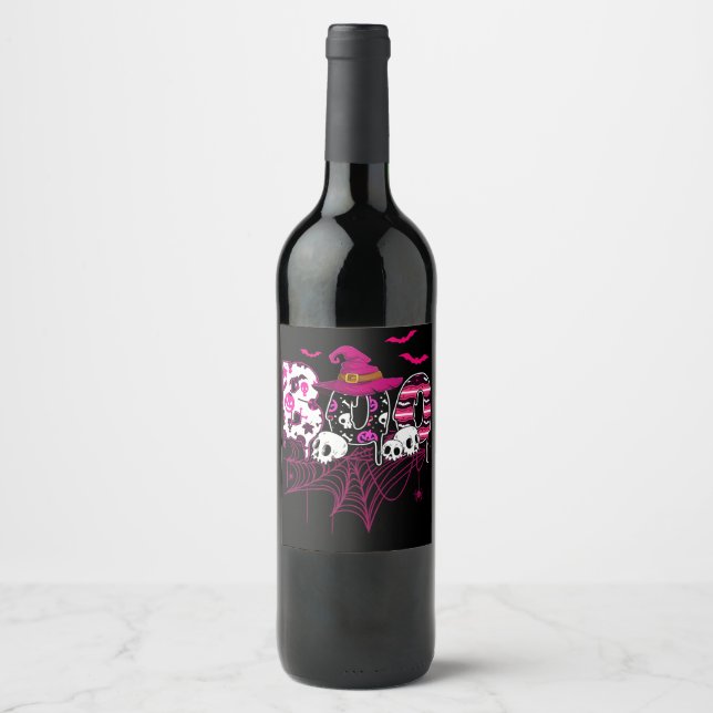Breast Cancer Halloween Costume Boo With Witch Hat Wine Label (Front)