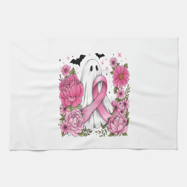 Breast Cancer Halloween Ghost Boho Tea Towel (Horizontal)