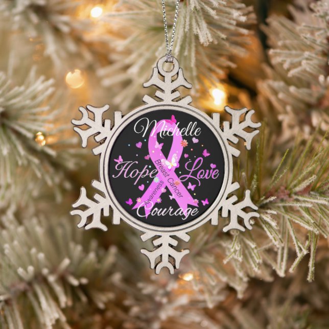 Breast Cancer Hope Love Courage Snowflake Pewter C Christmas Ornament (Tree)