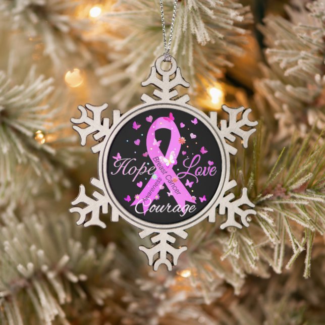 Breast Cancer Hope Love Courage Snowflake Pewter Christmas Ornament (Tree)