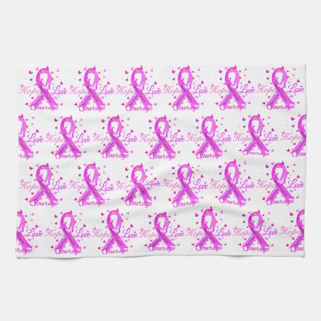 Breast Cancer Hope Love Courage Tea Towel (Horizontal)