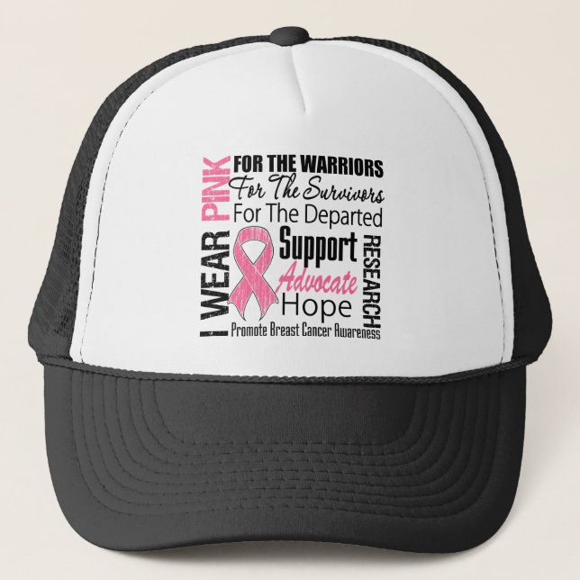 Breast Cancer I Wear Pink Ribbon TRIBUTE Trucker Hat (Front)