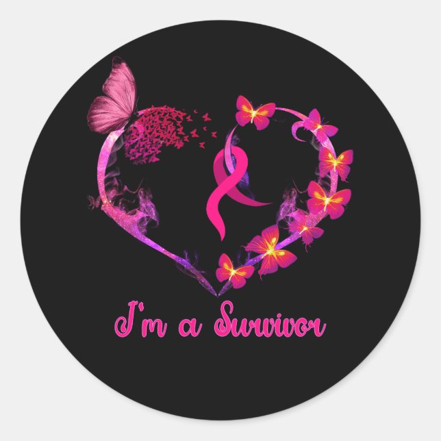 Breast Cancer I'm A Survivor Pink Butterfly Heart  Classic Round Sticker (Front)