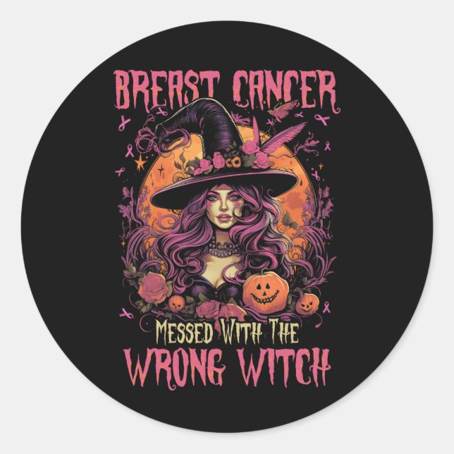 Breast Cancer Messed With The Wrong Pink Witch Hat Classic Round Sticker (Front)