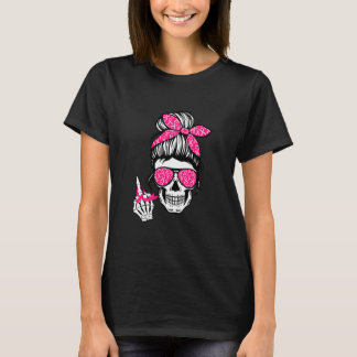 Breast Cancer Middle Finger Skeleton Pink Ribbon T-Shirt
