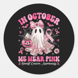 Breast Cancer Patchwork Floral Ghost In October We Classic Round Sticker
