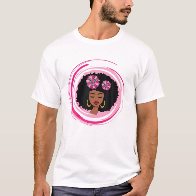 Breast Cancer Pink Black African American Sunflowe T-Shirt (Front)