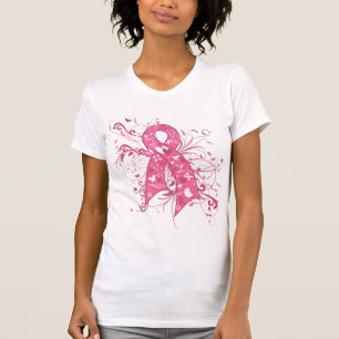 Breast Cancer Pink Floral Ribbon Swirl T-Shirt
