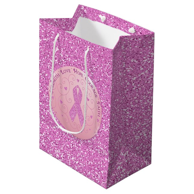 Breast Cancer Pink Ribbon Glitter Gift Bag (Front Angled)