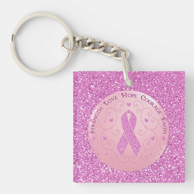 Breast Cancer Pink Ribbon Glitter Key Chain (Front)