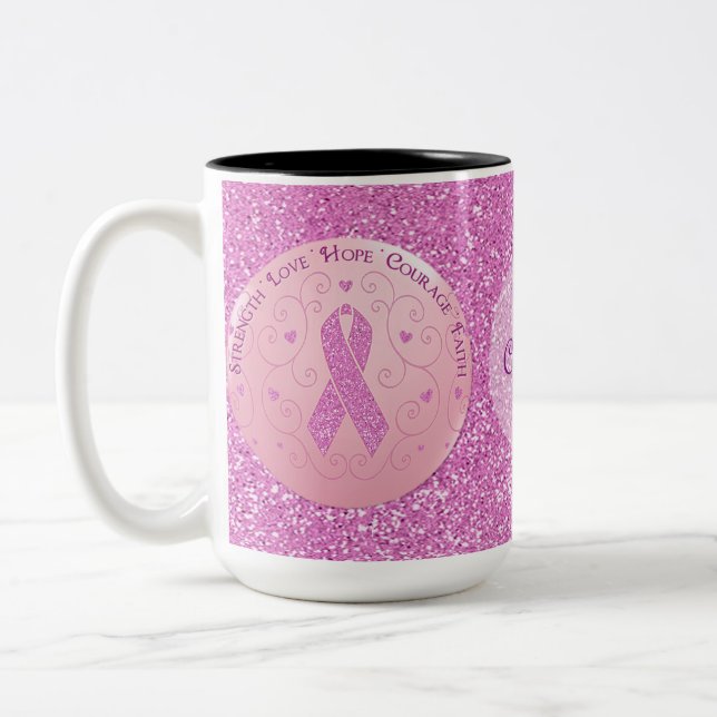 Breast Cancer Pink Ribbon Glitter Mug (Left)