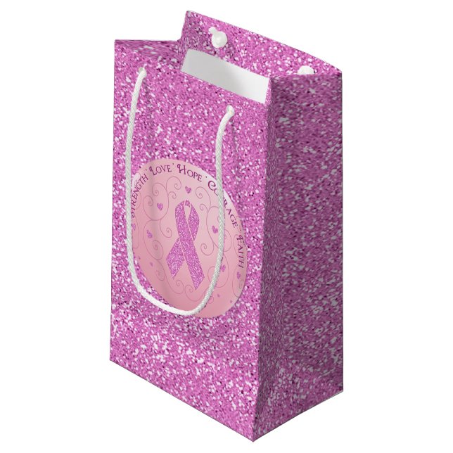 Breast Cancer Pink Ribbon Glitter Small Gift Bag (Front Angled)