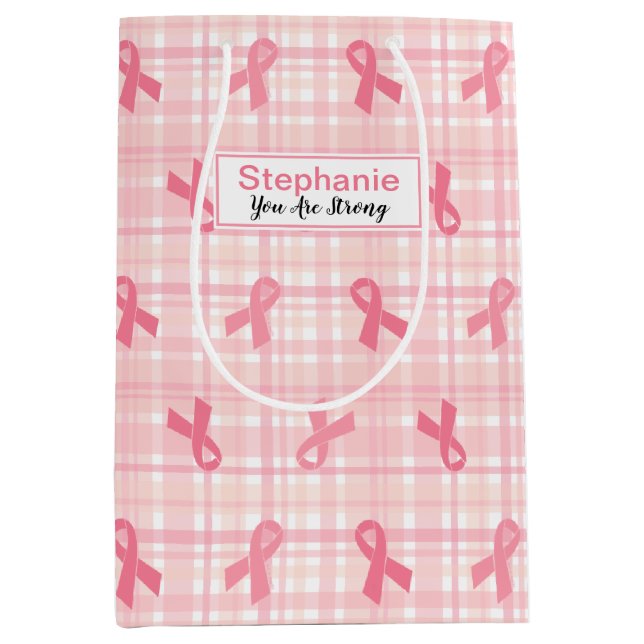 Breast Cancer Pink Ribbon Plaid Pattern Medium Gift Bag (Front)