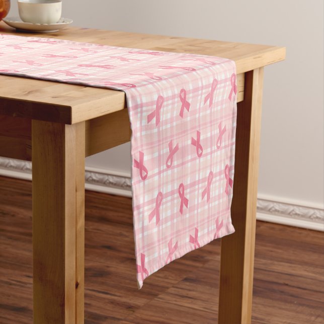 Breast Cancer Pink Ribbon Plaid Pattern Short Table Runner (In Situ)