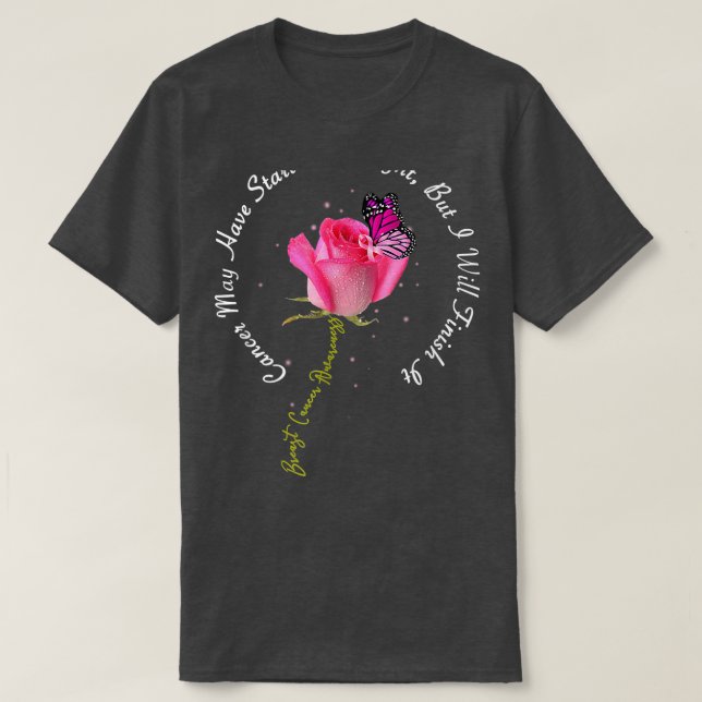 Breast Cancer Quote Rose Butterfly Pink Ribbon Mot T-Shirt (Design Front)