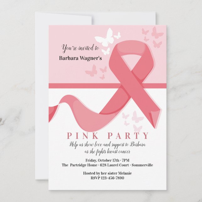 Breast Cancer Ribbon and Butterflies Invitation (Front)