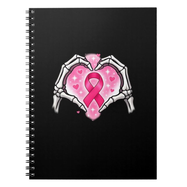 Breast Cancer Skeleton Hand Heart Sign Ribbon Awar Notebook (Front)