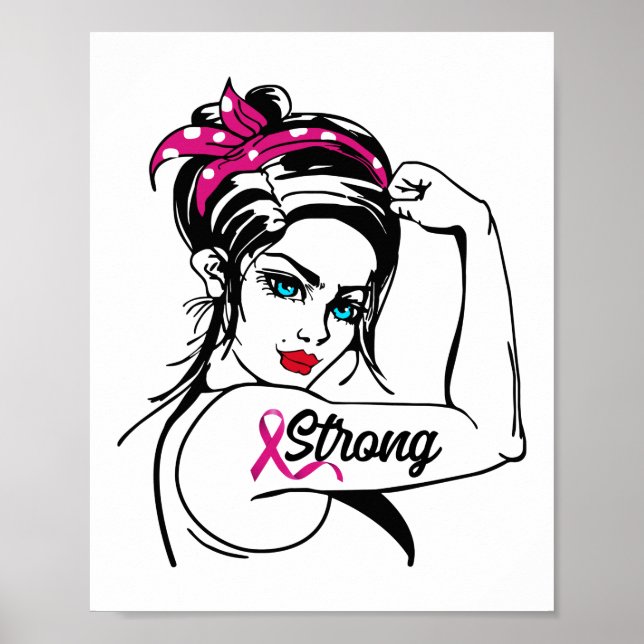 Breast Cancer Strong Rosie The Riveter Pink Ribbon Poster (Front)