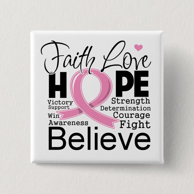Breast Cancer Typographic Faith Love Hope 15 Cm Square Badge (Front)