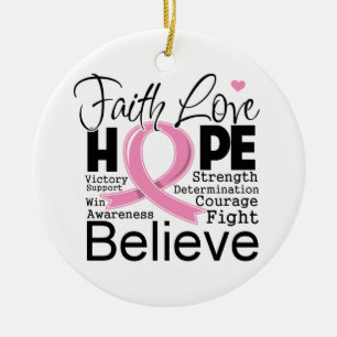 Breast Cancer Typographic Faith Love Hope Ceramic Ornament