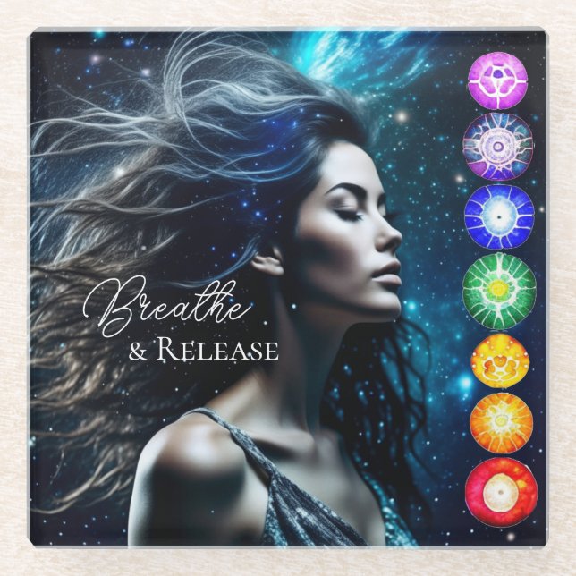 Breathe and Release | Beautiful Ethereal Woman Glass Coaster (Front)