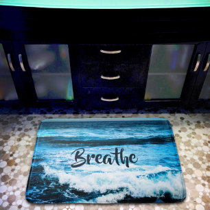 "Breathe" Hawaii Turquoise Blue Ocean Waves Photo Bath Mat